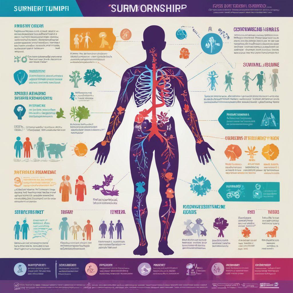 A visually striking infographic illustrating various types of tumors, intertwined with treatment options and a vibrant representation of survivorship. The design should feature clear labels, diverse colors to distinguish different tumor types, and icons symbolizing treatment methods like chemotherapy and radiation. Include a hopeful figure symbolizing survivorship, surrounded by nature and positive imagery. vector art. vibrant colors. clean layout.