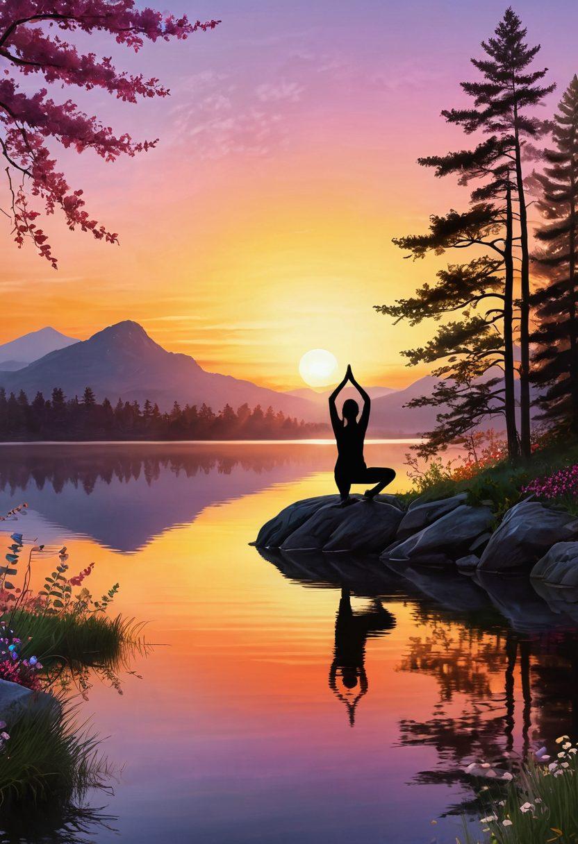 A serene landscape depicting a sunrise over a tranquil lake, symbolizing hope and new beginnings. Include a silhouette of a person practicing yoga on the lakeshore, representing lifestyle changes, surrounded by supportive friends cheering them on. Incorporate elements of nature, such as blooming flowers and lush trees, to evoke healing and growth. The color palette should be warm and inviting, emphasizing light and positivity. super-realistic. vibrant colors. 3D.