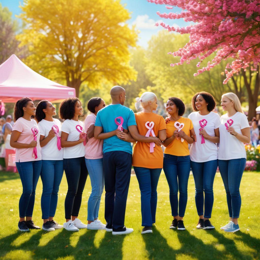 A hopeful scene of a diverse group of individuals standing together, each holding a symbol of cancer awareness (like ribbons) in a sunlit park, surrounded by colorful flowers that represent various cancers. The background features an inviting health fair with booths offering resources, fostering a sense of community and support. super-realistic. vibrant colors. soft focus.